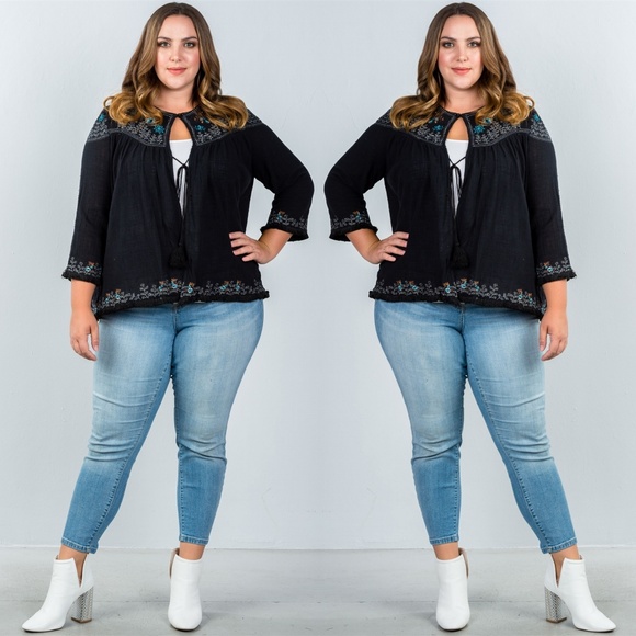 PLUS SIZE BLACK EMBROIDERY FLOWER TASSEL CARDIGAN - Picture 5 of 6